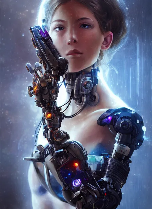 Image similar to ultra realistic full shot of a cyborg girl with mechanical arms, cyberpunk, sci - fi, fantasy, kodak, colour led, soft light, volumetric lighting, night, intricate, elegant, highly detailed, digital painting, artstation, concept art, smooth, sharp focus, illustration, art by artgerm and greg rutkowski and alphonse mucha