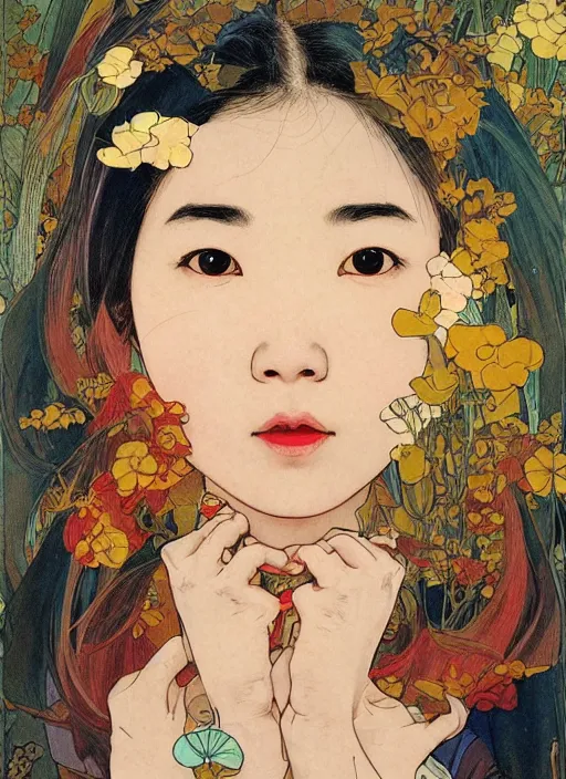 Image similar to colourful upper half portrait of an asian girl with proportions in the style of jack davis - presented in magazine collage style, art by hsiao - ron cheng & alphonse mucha, magazine collage, highly detailed, caricature, caricature, caricature digital painting, concept art, ray tracing, illustration, smooth, sharp focus, intricate, symmetry, pinterest, behance, artstation