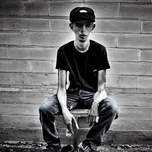 Prompt: A portrait of a homeless teenage caucasian boy with a dirty face and a melancholic expression wearing a classical jeans English cap with a sunny Amsterdam in the background, by Lee Jeffries, harsh lighting, Steve McCurry, uneven skintone, coarse skin, striking features, frontal lighting,