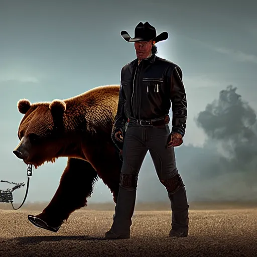 Image similar to a terminator android dressed as a cowboy while mounting a bear, 8 k, movie still, high detail, hyperrealistic