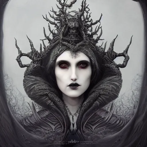 Image similar to tom bagshaw, soft painting fractal curiosities carnival, single beautiful spider queen facing camera in full nightshade gothic armor, accurate features, focus, very intricate ultrafine details, black white purple volumetric clouds, award winning masterpiece, octane render 8 k hd