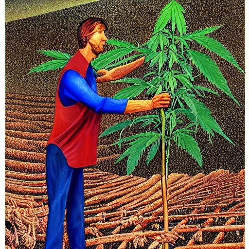 Prompt: alex gray painting of a man harvesting a cannabis plant