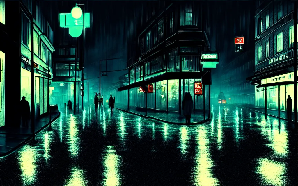 Image similar to concept art, wet helsinki street at night by roger deakins, in the style of syd mead and liam wong