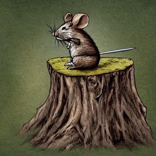 Image similar to Mouse Guard sits on a stump holding a sword, in deep forest, by rivuletpaper, rivuletpaper art, Mouse Guard by David Petersen, mouse photo, small details, realistic illustration,