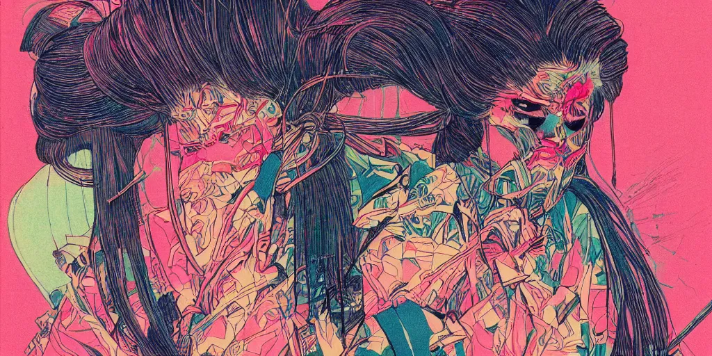 Image similar to a close - up grainy, risograph drawing, hyper light drigter, neon colors, a big porcelain glossy geisha head, with long hair, floating above the sharp peaks weapons, style by moebius and kim jung gi