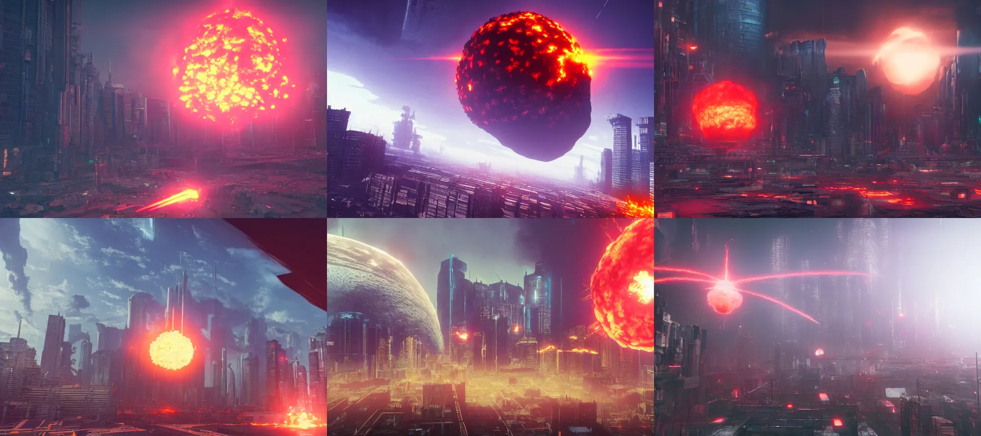 Prompt: a massive nuclear fireball enngulfing a country sized megacity, the explosion from akira, in photorealistic cyberpunk style, volumetric light, rendered in redshift, ray tracing on high settings