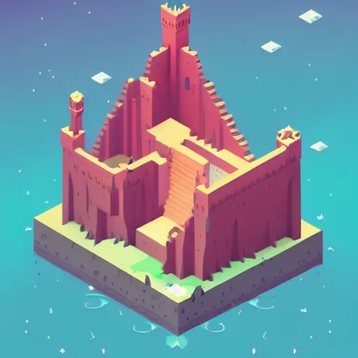 Prompt: a stunning minimalist isometric view of a fantasy castle deep within a vast cave, spiralling waterfalls and beautiful plants, intricate details, in the style of monument valley