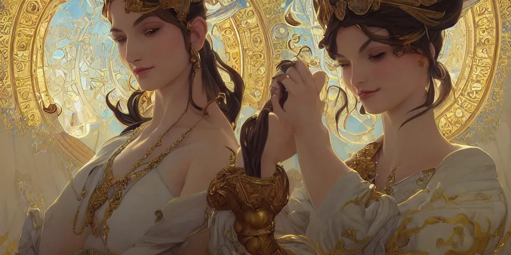 Image similar to beautiful genie girl, kneeling in the palace room, beautiful elegant body, intricate, stunning, highly detailed, digital painting, artstation, smooth, hard focus, illustration, art by artgerm and greg rutkowski and alphonse mucha, epic fantasy, mysterious ambient lighting, digital art, fantasy vibes, style of final fantasy and kingdom hearts