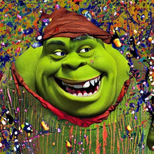 Image similar to shrek in the style of a jackson pollock painting