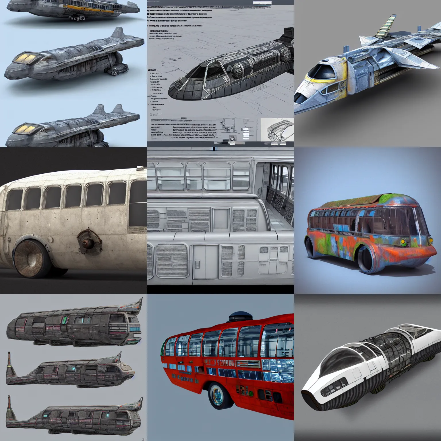Prompt: concept design art of a spaceship made from a recycled bus, highly detailed render, photorealistic