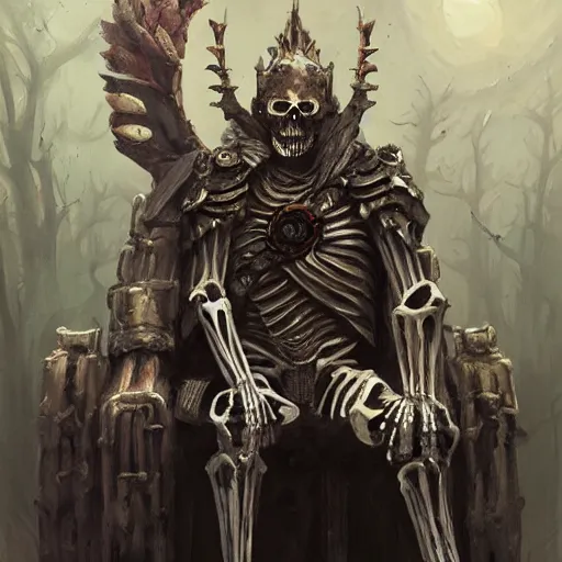 Prompt: Skeleton King, armour, resting on his throne, oil painting, by Fernanda Suarez and Greg Rutkowski