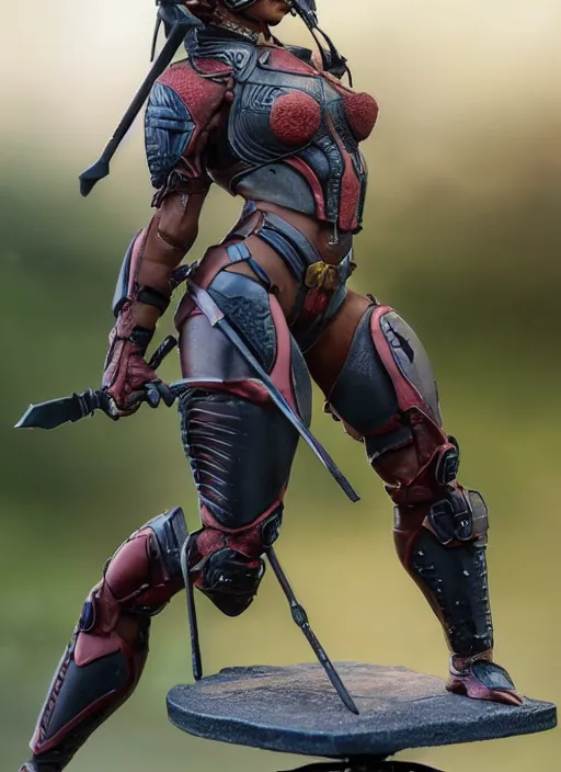 Prompt: 80mm resin detailed miniature of a helmeted muscular female, on textured disc base; Product Introduction Photos, 4K, Full body