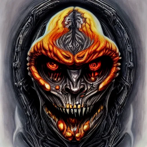 Image similar to giger elden ring doom demon portrait with humanoid face, fire and flame, Pixar style.