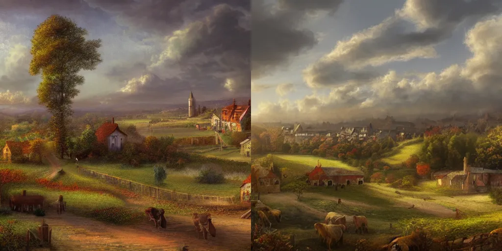 Prompt: Landscape concept art of countryside with a victorian town in the background. Digital art, Detailed, realistic, UHD