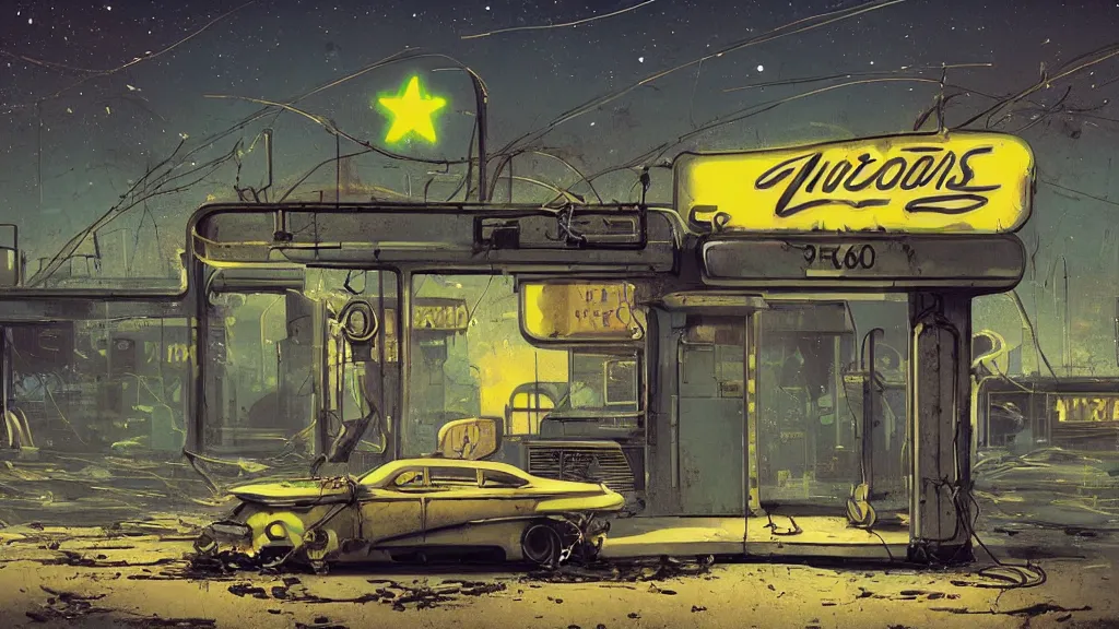 Prompt: A 1960s era robot! on a faded yellow couch in front of a rusted and dilapidated gas station. The stars! of the Milky Way shine above a broken neon sign, ground is cracked with vines fantasy concept art by Greg Rutkowski