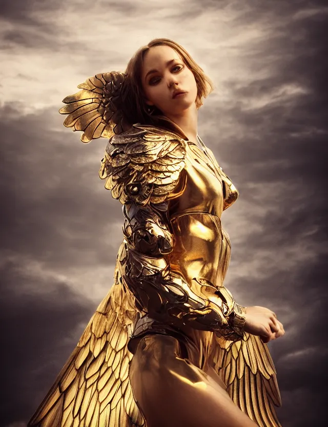 Prompt: Portrait of a fierce beautiful woman in angelic battle armor and wings, among the clouds, golden hour photography, cinematic, epic, 4k, stylized, hyperrealistic