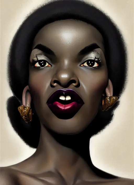 Prompt: portrait of a black woman with a crooked nose and a confident expression, 1 9 6 0 s, black clothes, goth, punk, funk, intricate, elegant, highly detailed, digital painting, artstation, concept art, smooth, sharp focus, illustration, art by wlop, mars ravelo and greg rutkowski