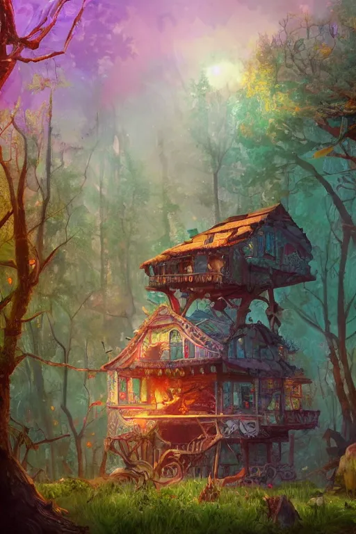 Image similar to a cheerful and whimsical ramshackle multistory hut in the woods, intricate, elegant, fantasy, highly detailed, digital painting, concept art, sharp focus, illustration, beautiful volumetric lighting, artstation, magic hour lighting, colorful, sunshine, springtime