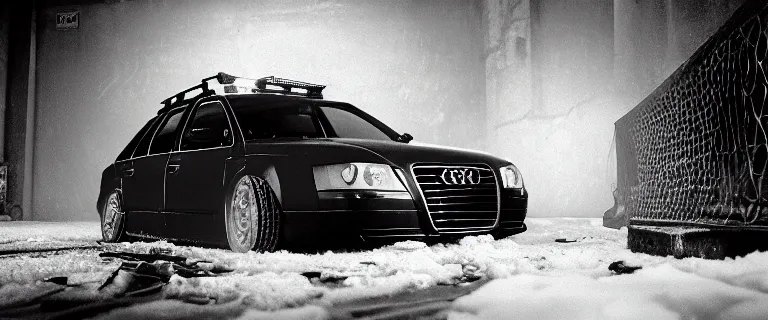 Image similar to Audi A4 B6 Avant (2002), a gritty neo-noir, dramatic lighting, cinematic, eerie person, death, homicide, homicide in the snow, viscera splattered, gunshots, bullet holes, establishing shot, extremely high detail, photorealistic, raging fire at a warehouse, arson, cinematic lighting, artstation, by simon stalenhag, Max Payne (PC) (2001) winter New York at night, In the style of Max Payne 1 graphic novel, flashing lights, Poets of the Fall - Late Goodbye