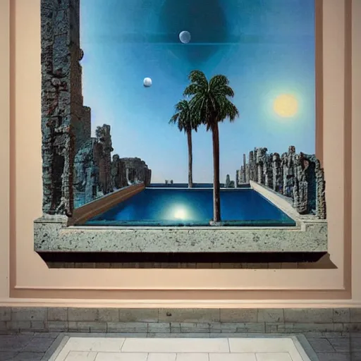 Image similar to David Ligare masterpiece, scifi nightscape, planets, hyperrealistic surrealism, award winning masterpiece with incredible details, epic stunning, infinity pool, a surreal vaporwave liminal space, highly detailed, trending on ArtStation, broken giant marble head statue ruins, calming, meditative, geometric liminal space, palm trees, very vaporwave