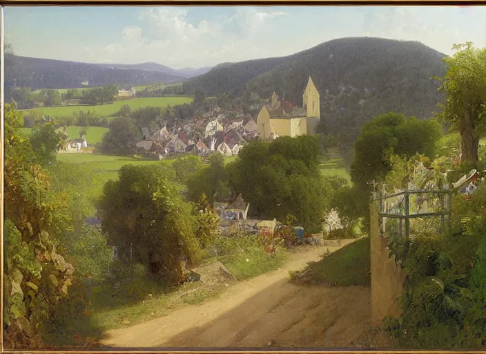 Image similar to view from an upstairs window, road up steep slope to church, playing fields to the right, a purple distance haze, carl spitzweg, david curtis, morgan weistling, jim beckner, michael alford