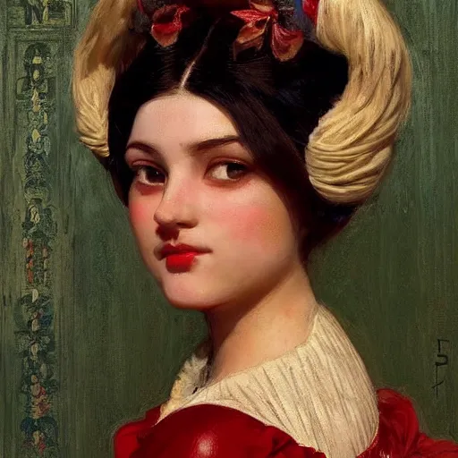 Prompt: maid! cosplay, symmetric beautiful face, orientalism portrait of a cute young woman with twin tails by Edwin Longsden Long and Theodore Ralli and Nasreddine Dinet and Adam Styk masterful intricate artwork