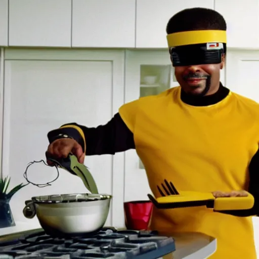 Image similar to Geordi La Forge wearing visor and a colander and random kitchen tools on his head