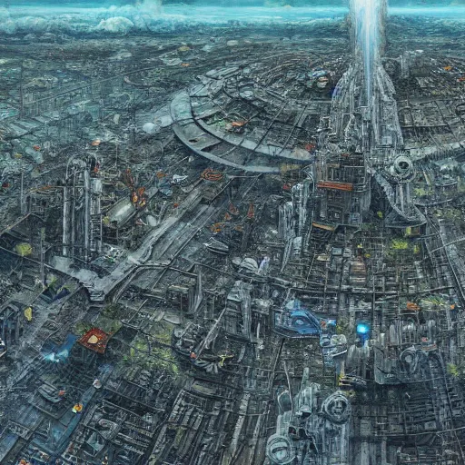 Prompt: aerial view of a post apocalyptic city surrounded by vegetation with a heavy nuclear explosion in the center, katsuhiro otomo, hyper detailed, 4 k