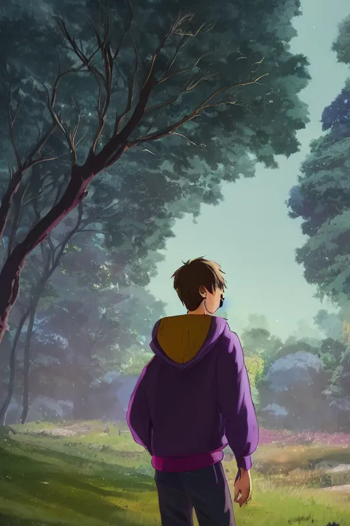 Image similar to young man in a purple hoodie, back view, messy short brown hair, detailed neighbourhood background, trees, colourful, 8 k, anime, ghibli style, graphic novel, digital art trending on artstation, volumetric lighting, octane render, cinematic, hyper detailed