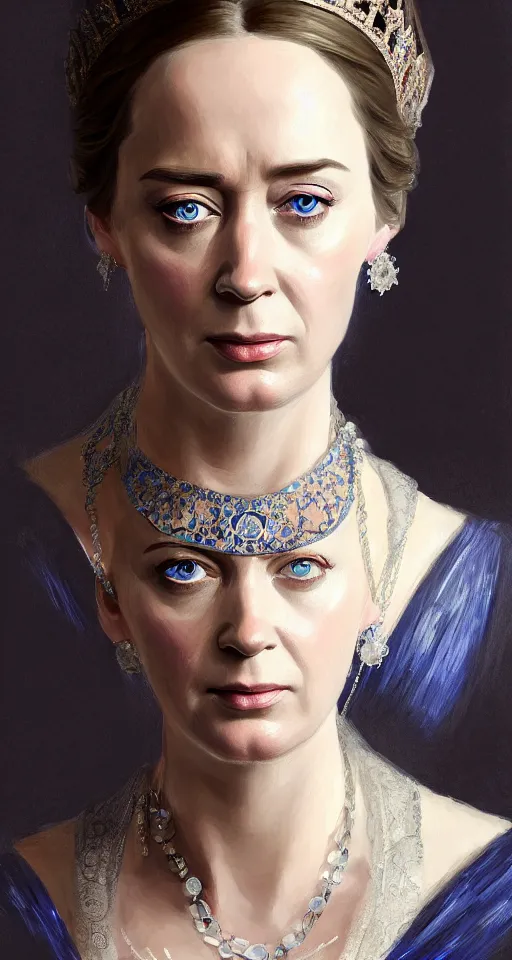 Image similar to portrait of emily blunt as queen victoria, jewelry, greek, sapphire, victorian age, 1 8 9 0, intricate, headshot, key visual, conceptart, ambient lighting, highly detailed, digital painting, artstation, concept art, sharp focus, by makoto shinkai and akihiko yoshida and greg manchess