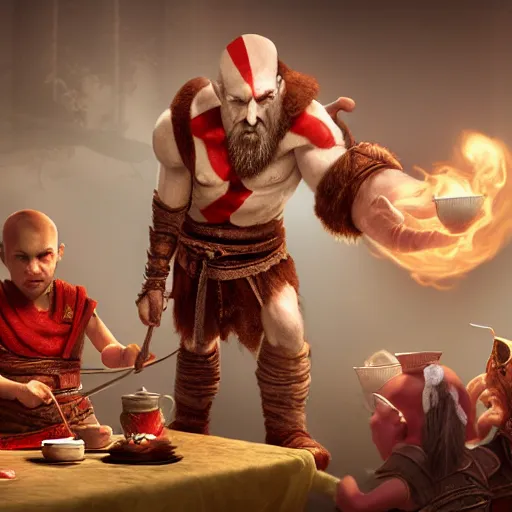 Prompt: god of war having a tea party with little kids, digital painting, 3 d, octane render, accurate