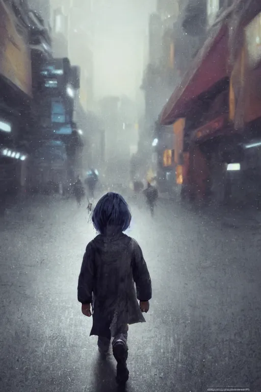 Image similar to a portrait of a small person wearing a cloke in the middle foreground walking in the street of a sci-fi city by Greg Rutkowski, Sung Choi, Mitchell Mohrhauser, Maciej Kuciara, Johnson Ting, Maxim Verehin, Peter Konig, final fantasy , mythical, 8k photorealistic, cinematic lighting, HD, high details, atmospheric,