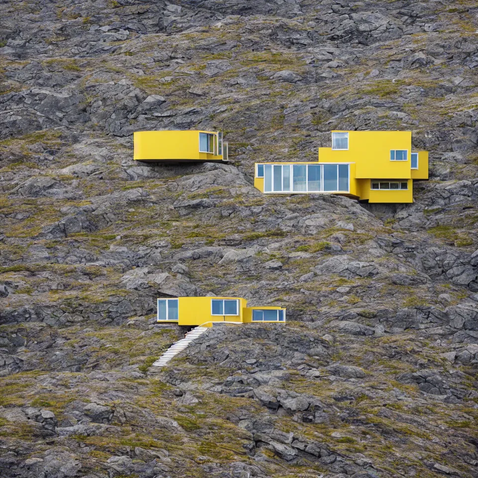 Image similar to a mid-century modern house on top of a cliff in the arctic, designed by Frank Gehry, with a long pathway toward it. Big tiles. Film grain, cinematic, yellow hue