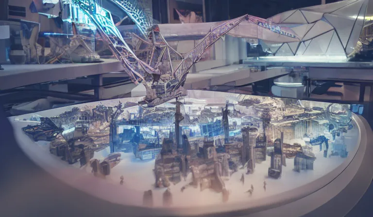 Image similar to group of people in simple white museum, looking at hologram of futuristic city on a table, cinematic concept art, godrays, golden hour, natural sunlight, 4 k, clear details, tabletop model buildings, center model buildings, hologram center, crane shot, crane shot, crane shot