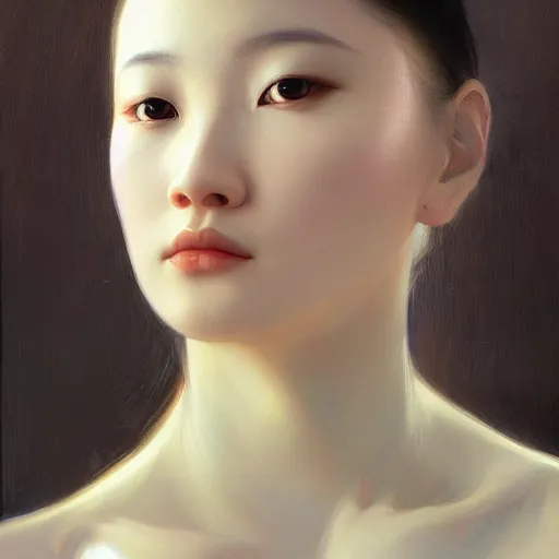 Image similar to yanjun cheng portrait of a beautiful vietnamese woman, intricate, detailed, symmetric face, by wlop and karol bak and bouguereau and santiago caruso