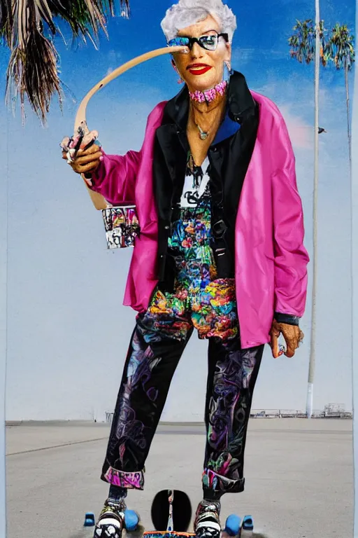 Prompt: a portrait of a fashionable gran on a skateboard in los angeles, in the style of david lachapelle