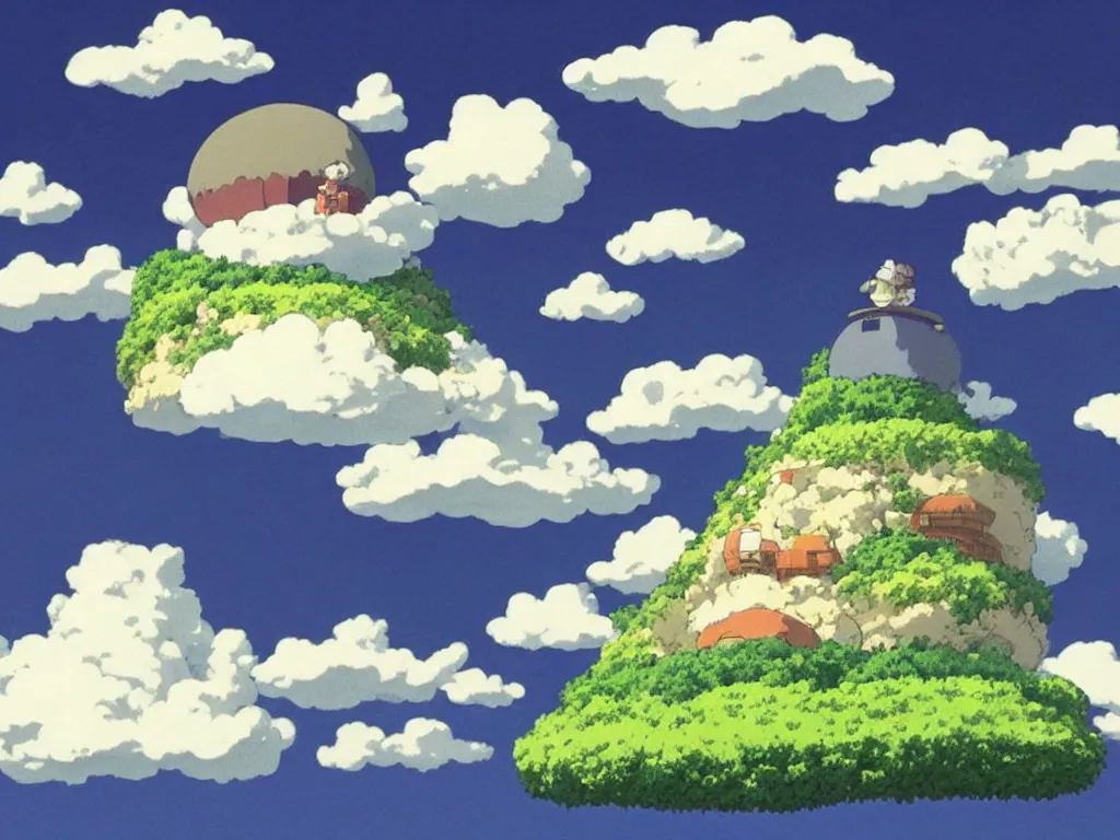 Prompt: fantastic floating island in the sky disappearing in the clouds, made by studio ghibli