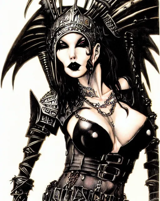 Image similar to portrait of a skinny punk goth sorceress wearing armor by simon bisley, john blance, frank frazetta, fantasy, barbarian