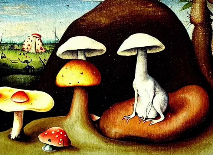 Image similar to a painting of a cute creature sitting next to a mushroom, detailed, realistic, in style of hieronymus bosch