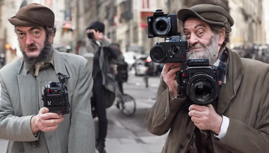 Image similar to hyper-realistic and detailed 2010s movie still portrait of stanley kubrick, Leica SL2 30mm, beautiful color, high quality, high textured, cinematic, low angle shot