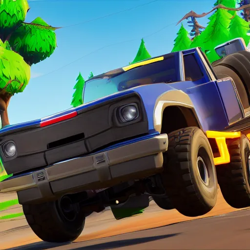 Image similar to fat john cena driving a car with really big tires, fortnite screenshot. 8k, 4k.