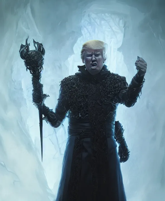 Prompt: full body photograph of donald trump as an evil necromancer from dungeons and dragons, fantasy art, symmetrical hyper detailed face and body, cinematic, hyperdetailed illustration by greg rutkowski, depth of field, global illumination