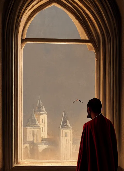 Image similar to oil painting of a dominican monk in brown robes, looking out of a monastery window contemplatively, a majestic cathedral in the background, digital art, artstation, cinematic, golden hour, digital art painting by greg rutkowski