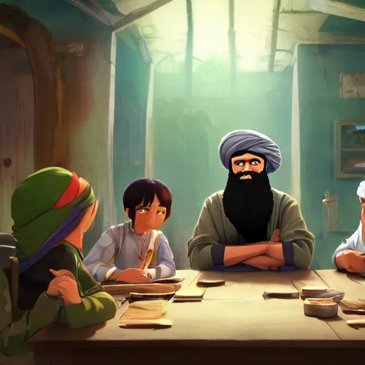 Image similar to a wholesome animation key shot of osama bin laden sitting with taliban elders, medium shot, waist up, studio ghibli, pixar and disney animation, sharp, rendered in unreal engine 5, anime key art by greg rutkowski, bloom, dramatic lighting