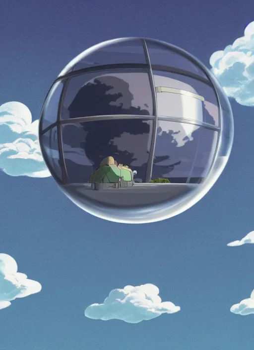 Image similar to an asymmetrical cell - shaded studio ghibli concept art study of a huge silver cube ufo inside a transparent bubble in the sky. wide shot, very dull colors, hd, 4 k, hq