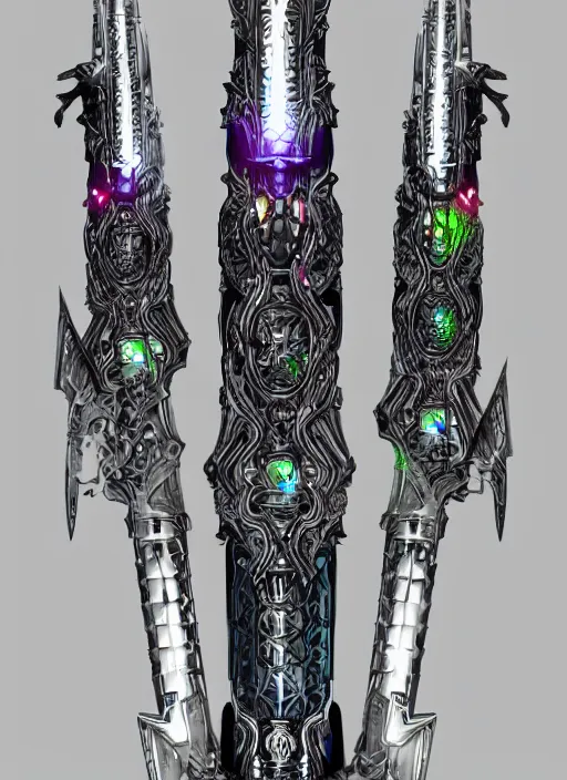 Image similar to legendary glowing sword of cybernetic technology, intricate, sharp black and iridescent blade, ornate gothic baroque spikes hilt, colorful handle, vivid detailed realistic, ray tracing, colored gems, artstation, deviantart