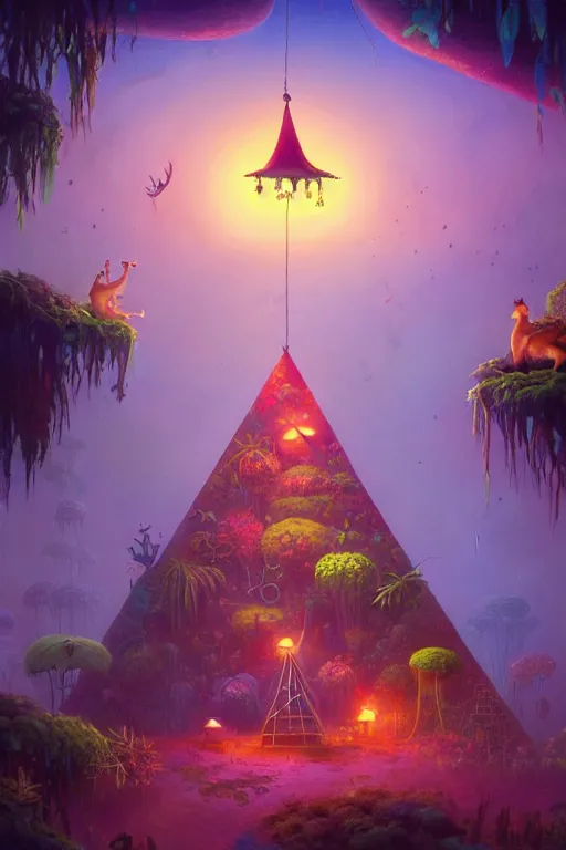 Prompt: a surreal Bioluminescent, very very very cute Jungle Pyramid in a happy world by Daniel Merriam, Trending on Artstation, oil on Canvas by Elena Zhurikhina and Goro Fujita and Charlie Bowater, octane render, 4k, 8k, HD