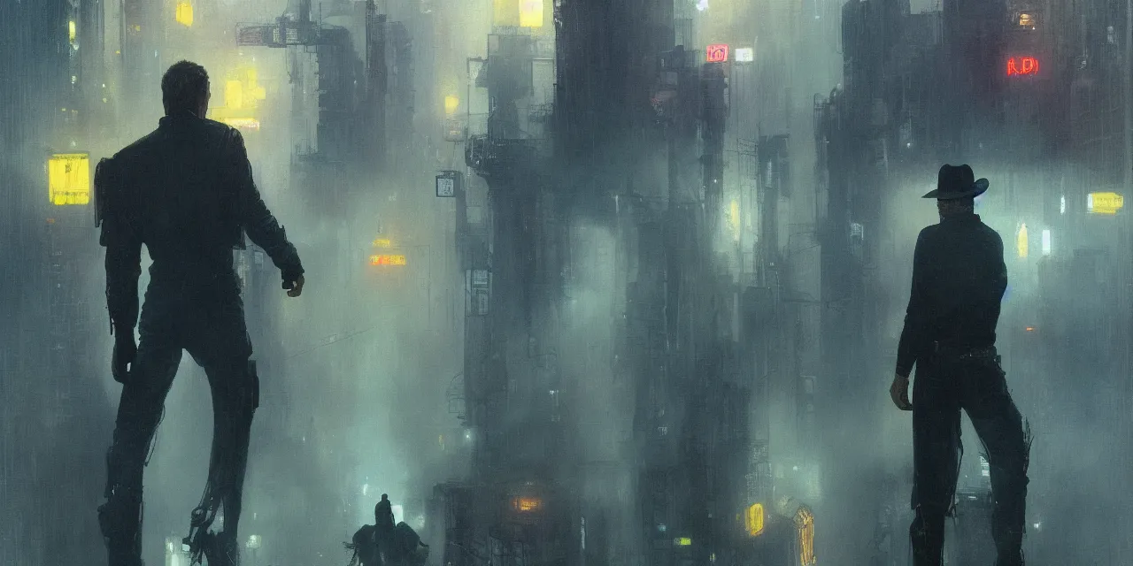 Prompt: 2 0 1 8 blade runner movie dirty harry western look at the cityscape from roof perfect face fine realistic face pretty face reflective polymer suit tight neon puffy jacket blue futuristic sci - fi elegant by denis villeneuve tom anders zorn hans dragan bibin thoma greg rutkowski ismail inceoglu illustrated sand storm alphonse mucha