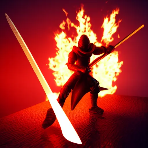 Prompt: a ninja with a sword in a fire background, 3 d render octane, trending on artstation