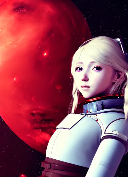 Prompt: highly detailed portrait of a hopeful pretty astronaut lady with a wavy blonde hair, by Joseph Ducreux, 4k resolution, nier:automata inspired, bravely default inspired, vibrant but dreary but upflifting red, black and white color scheme!!! ((Space nebula background))